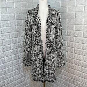 LAUNDRY by Shelli Segal Tweed Knit Fringe White Black Long Open Jacket  Sz S